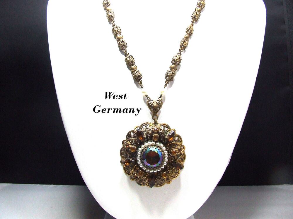 West Germany Carnival Glass Topaz Rhinestone Necklace